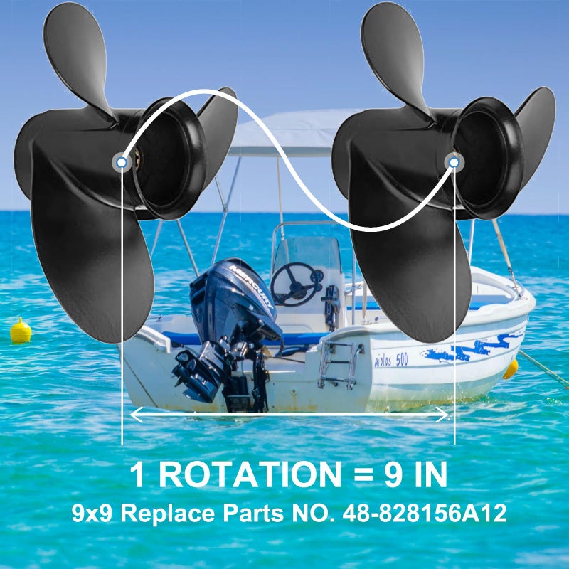 Qiclear 9 x 9 Pitch 48-828156A12 Upgrade Aluminum Outboard Boat Propeller for Mercury Motos 6/8/9.9/10/15HP,8 Spline Tooth,RH, 2-1/2" Gearcase - Image 3